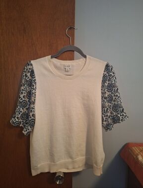 J. Crew Cream Knit Top with Blue Paisley Short Sheer Sleeves Women's Size M